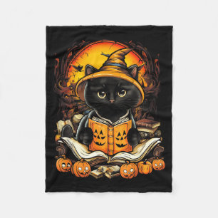 Black Cat Reading Books Pumpkin Autumn Teachers Fleece Blanket