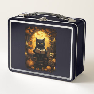 Black Cat Reading Books Pumpkin Autumn Teachers Ha Metal Lunch Box