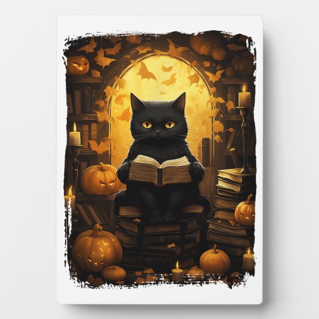 Black Cat Reading Books Pumpkin Autumn Teachers Ha Plaque (Front)