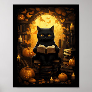 Black Cat Reading Books Pumpkin Autumn Teachers Ha Poster