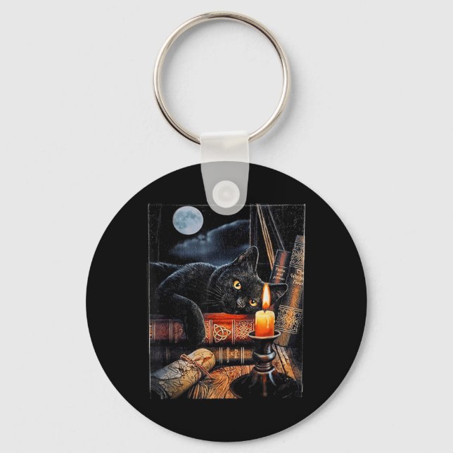 Black Cat Reading Books Witchcraft Ritual Key Ring (Front)