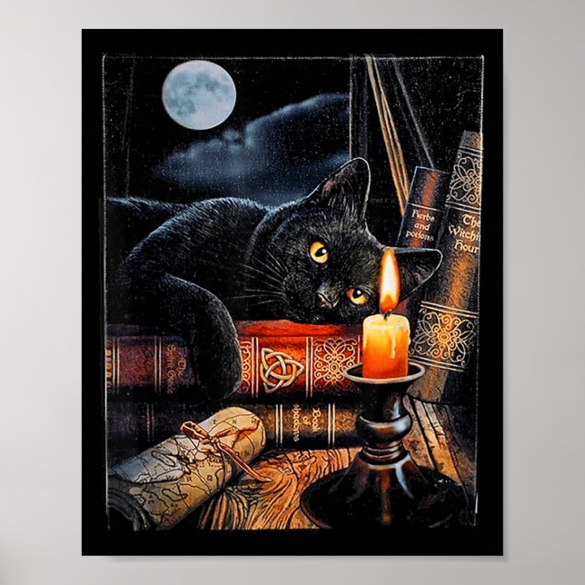 Black Cat Reading Books Witchcraft Ritual Poster (Front)