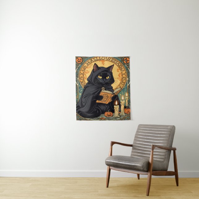Black Cat Reading The Jack o'lantern Journal Tapestry (In Situ)