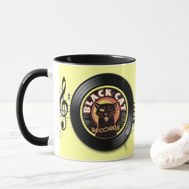 Black Cat Records Retro Jazz Mug – Vinyl Label Cup (With Donut)