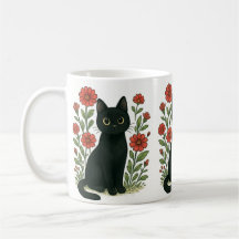 Black Cat & Red Flowers Mug