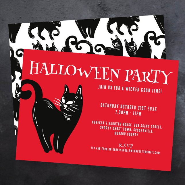 Black Cat Red Halloween Party Invitation (Creator Uploaded)