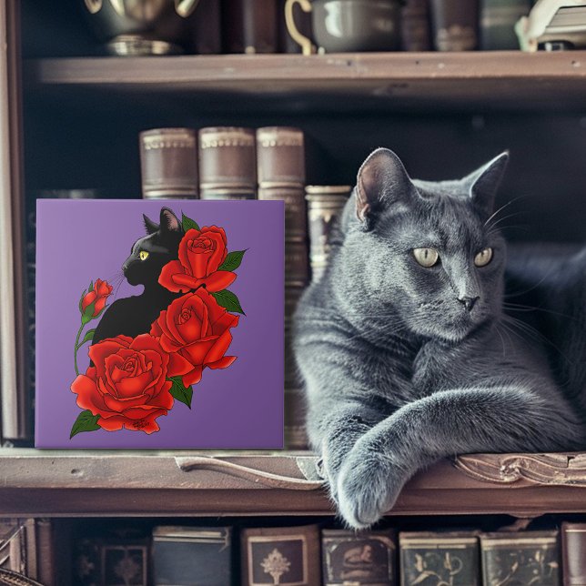 Black Cat Red Roses Purple Ceramic Tile (Creator Uploaded)