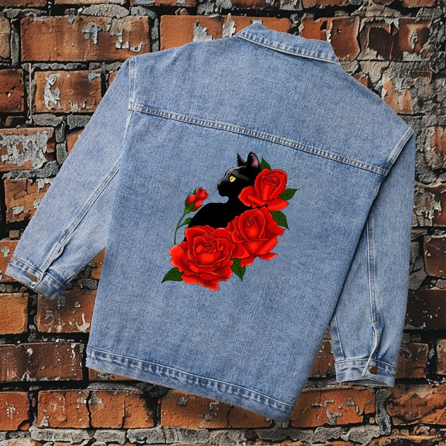 Black Cat Red Roses Purple Denim Jacket (Creator Uploaded)