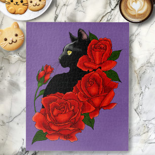 Black Cat Red Roses Purple Jigsaw Puzzle