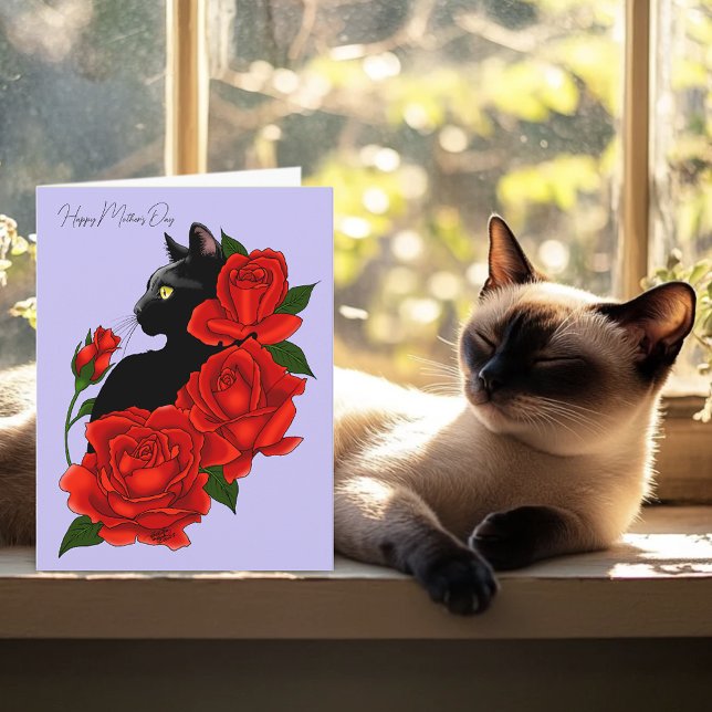 Black Cat Red Roses Purple Mother's Day Card (Creator Uploaded)