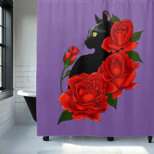 Black Cat Red Roses Purple Shower Curtain