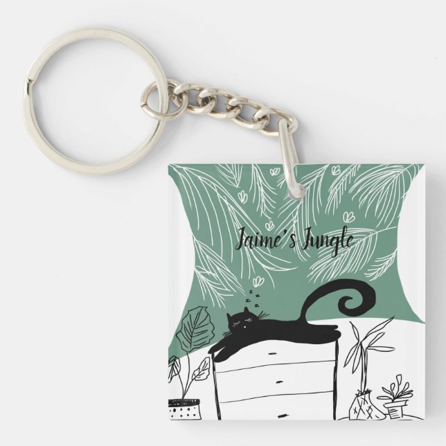 Black Cat Relaxing Plant Jungle Key Ring (Front)