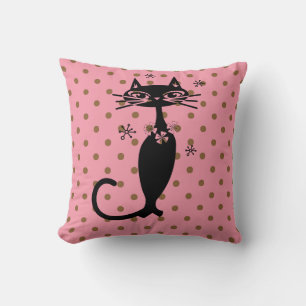 BLACK CAT RETRO PINK POLKA DOT PILLOW