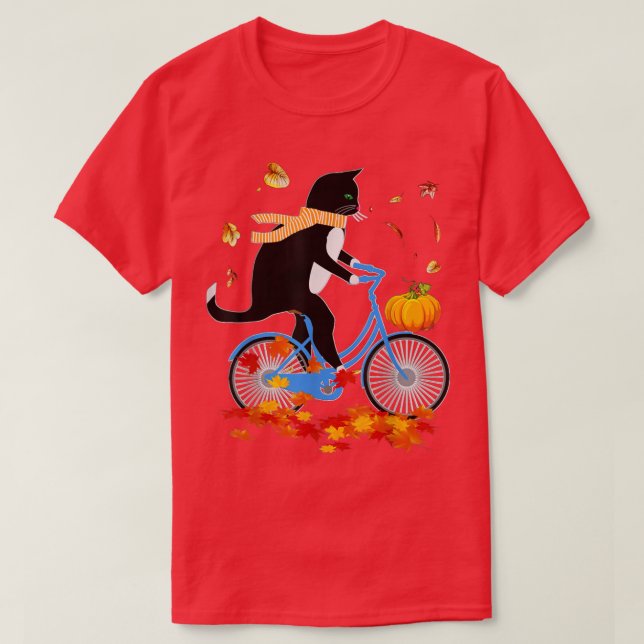 Black Cat Riding A Bike Thanksgiving Autumn  T-Shirt (Design Front)