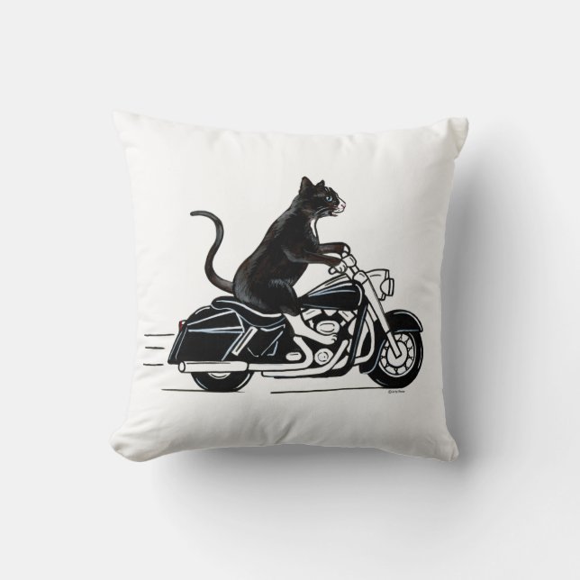 Black Cat Riding A Motorcycle Cushion (Front)