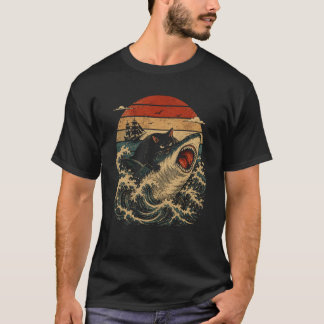 Black Cat Riding Fierce Shark T-Shirt