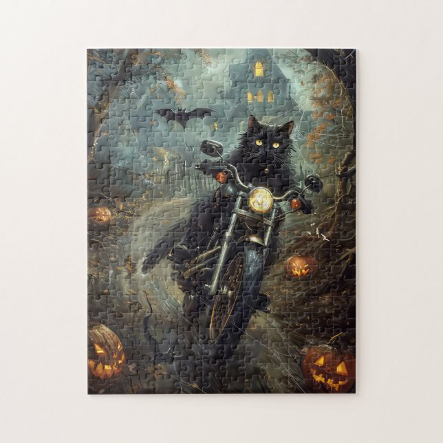 Black Cat Riding Motorcycle Halloween Scary Jigsaw Puzzle (Vertical)