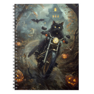 Black Cat Riding Motorcycle Halloween Scary Notebook