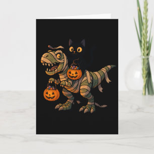 Black Cat Riding Mummy T-Rex – Cute Halloween Dino Card