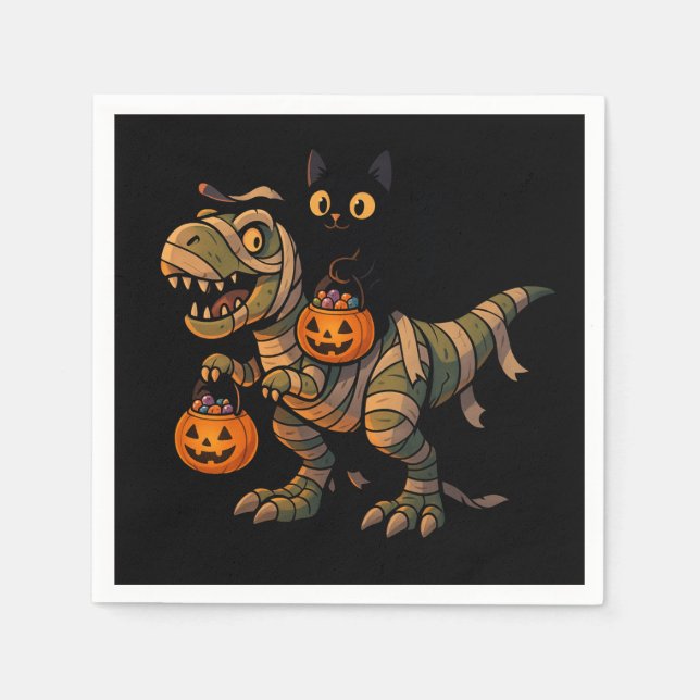 Black Cat Riding Mummy T-Rex – Cute Halloween Dino Napkin (Front)