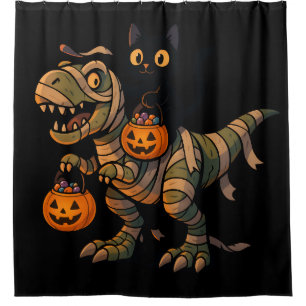 Black Cat Riding Mummy T-Rex – Cute Halloween Dino Shower Curtain