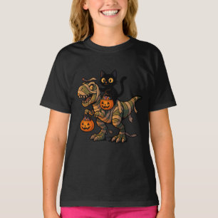 Black Cat Riding Mummy T-Rex – Cute Halloween Dino T-Shirt