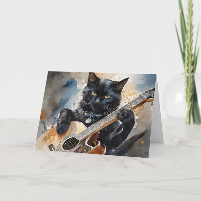 Black Cat Rock Star Playing Acoustic Guitar Blank Card (Front)