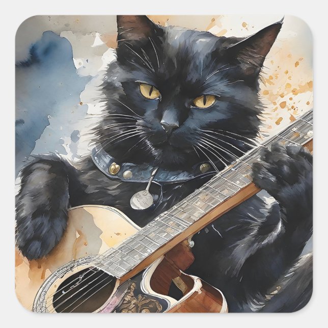 Black Cat Rock Star Playing Acoustic Guitar  Square Sticker (Front)