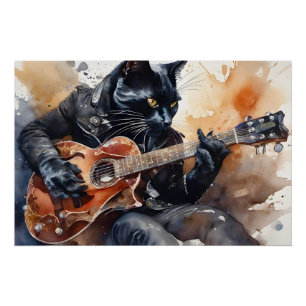 Black Cat Rock Star Playing Guitar Leather Jacket  Poster