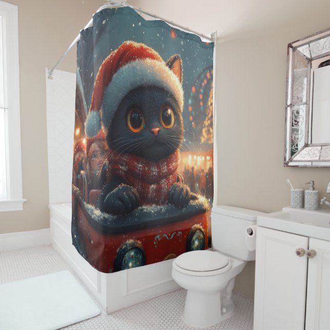 Black Cat Roller Coaster Christmas Shower Curtain (In Situ)