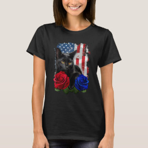 Black Cat Rose American Flag Happy 4th Of July T-Shirt