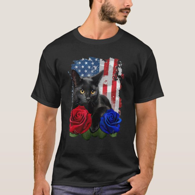 Black Cat Rose American Flag Happy 4th Of July T-Shirt (Front)