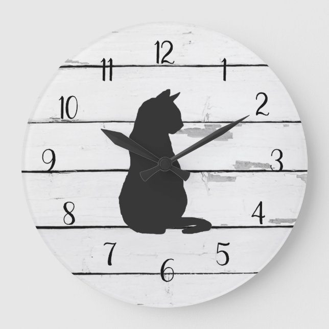 Black Cat Rustic Shiplap Farmhouse Decor Large Clock (Front)