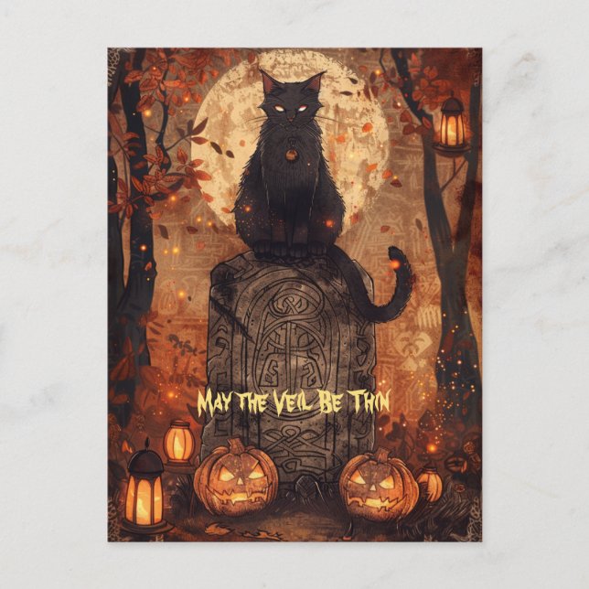 Black Cat Samhain Halloween Greeting Card (Front)
