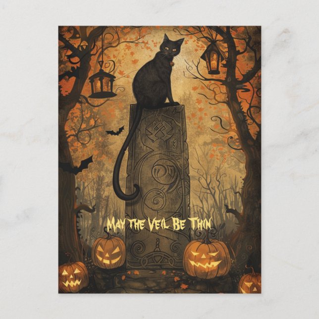 Black Cat Samhain Halloween Greeting Card (Front)