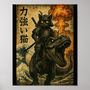 Black Cat Samurai Dinosaur Sea Wave Poster