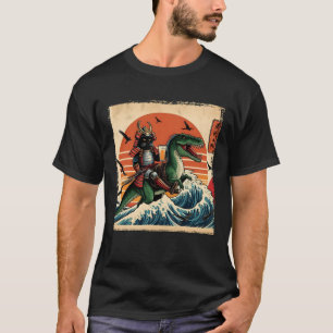 Black Cat Samurai Riding Dinosaur Big Wave Print U T-Shirt