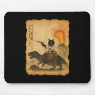 Black Cat Samurai Riding Dinosaur Volcanic Eruptio Mouse Pad