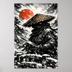 Black Cat Samurai Ronin Katana Winter Sun Sumi-e I Poster