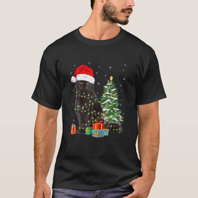 Black Cat Santa Angled Up In Christmas Lights Xmas T-Shirt (Front)