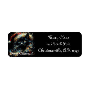 Black Cat Santa Christmas Hat Return Address Label