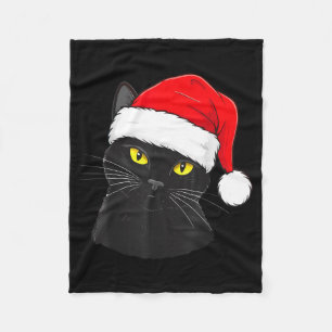 Black Cat Santa Hat Christmas Fleece Blanket