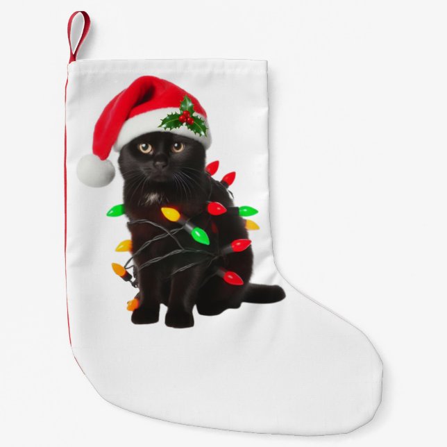 Black Cat Santa Hat Christmas Tree Lights Funny Small Christmas Stocking (Front)