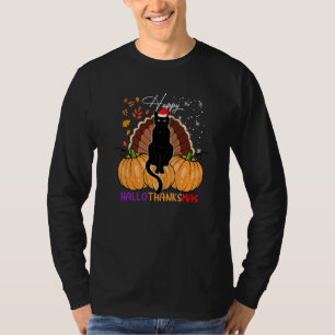 Black Cat Santa Hat Happy Hallothanksmas Pumpkin S T-Shirt