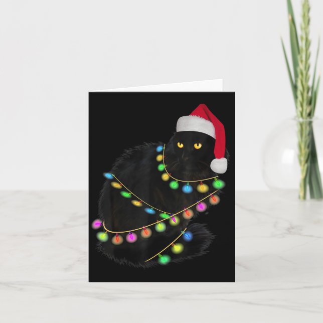 Black Cat Santa Hat Light Tree Funny Ugly Christma Card (Front)