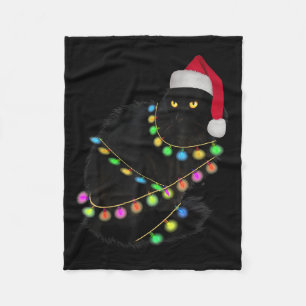 Black Cat Santa Hat Light Tree Funny Ugly Christma Fleece Blanket