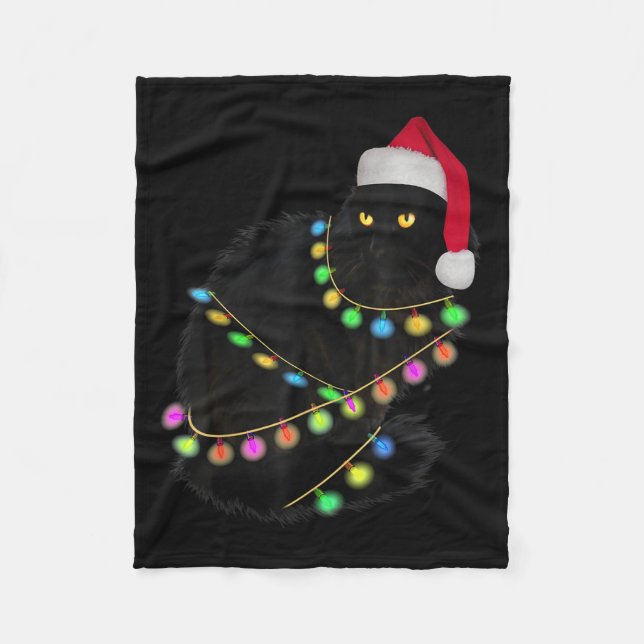 Black Cat Santa Hat Light Tree Funny Ugly Christma Fleece Blanket (Front)