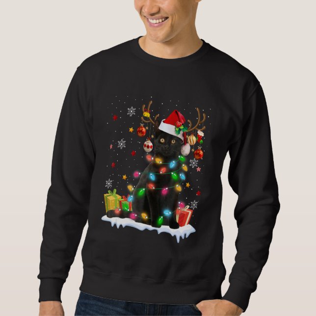 Black Cat Santa Hat Reindeer Christmas Lights Cat  Sweatshirt (Front)
