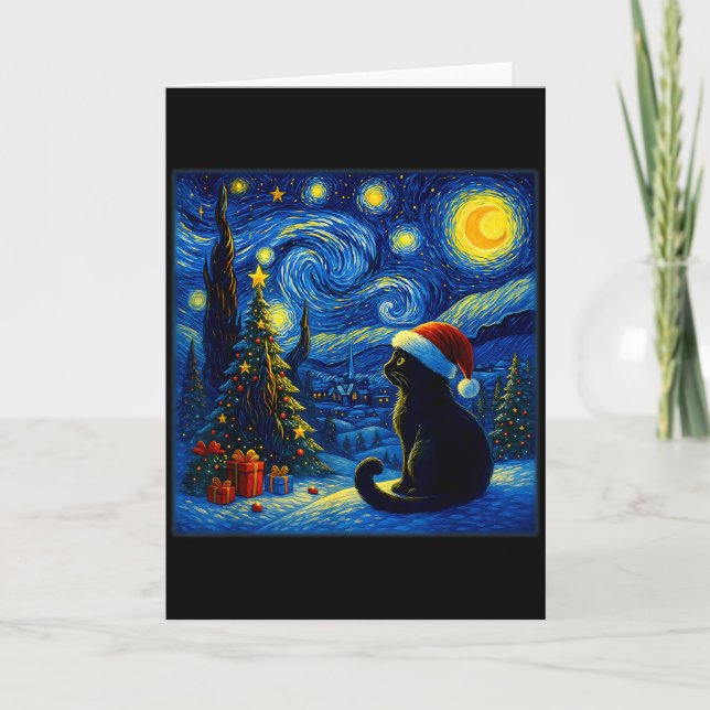 Black Cat Santa Hat Van Gogh Starry Night Christma Card (Front)