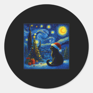 Black Cat Santa Hat Van Gogh Starry Night Christma Classic Round Sticker